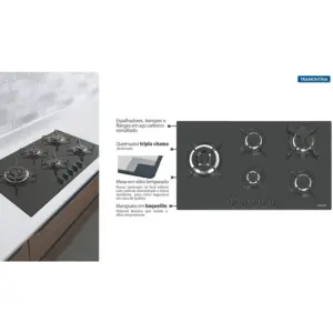 Cooktop a Gás em Vidro Temperado Preto com Acendimento Automático Penta Side Plus 5 Queimadores - Imagem 3