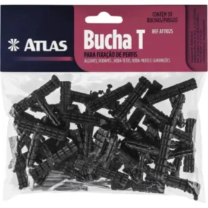 Conjunto de Buchas T e Pregos para Fixação, Contém 30 Buxas e 30 Pregos, Cor Preta, Atlas.