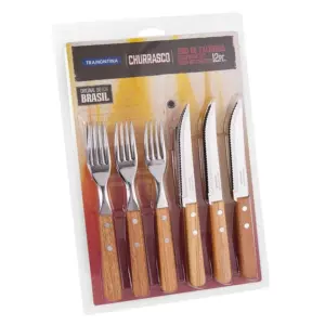 Jogo de Talheres com Lâminas em Aço Inox e Cabos de Madeira Natural Tramontina Churrasco 12 Peças - Imagem 1
