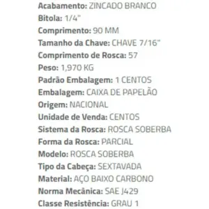 Parafuso Sextavado Rosca Soberba 1/4 X 90 Zn Br Caixa com 100 - Ciser