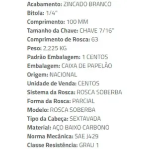 Parafuso Sextavado Rosca Soberba 1/4 X 100 Zn Br Caixa com 100 - Ciser - Imagem 3