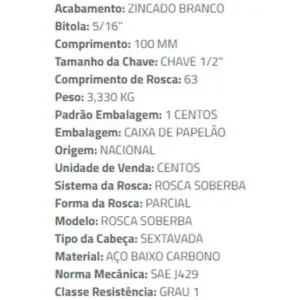 Parafuso Sextavado Rosca Soberba 5/16 X 100 Zn Br Caixa com 100 - Ciser - Imagem 2