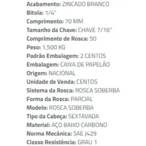 Parafuso Sextavado Rosca Soberba 1/4 X 70 Zn Br Caixa com 200 - Ciser - Imagem 1