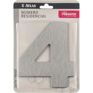 Número Residencial de Alumínio Escovado com Adesivo, 4 (quatro), Cor Prata, Linha Primafer, Atlas. - Imagem 1