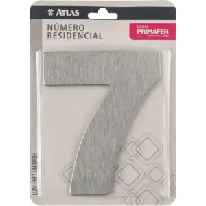 Número Residencial de Alumínio Escovado com Adesivo, 7 (sete), Cor Prata, Linha Primafer, Atlas. - Imagem 1