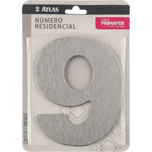 Número Residencial de Alumínio Escovado com Adesivo, 9 (nove), Cor Prata, Linha Primafer, Atlas.