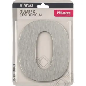 Número Residencial de Alumínio Escovado com Adesivo, 0 (zero), Cor Prata, Linha Primafer, Atlas. - Imagem 1