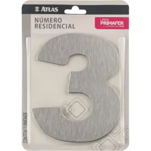 Número Residencial de Alumínio Escovado com Adesivo, 3 (três), Cor Prata, Linha Primafer, Atlas. - Imagem 1