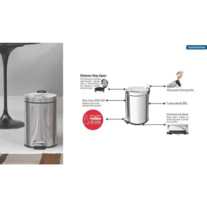 Lixeira Inox com Pedal e Balde Interno Removível Tramontina Brasil 3 L - Imagem 3