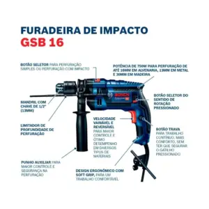 Furadeira de Impacto 1/2" Bosch 750w Bosch Gsb 16 Re (220v) 06012b90e0 - Imagem 5