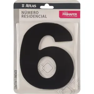 Número Residencial de Alumínio com Adesivo, 6 (seis), Cor Preta, Linha Primafer, Atlas.
