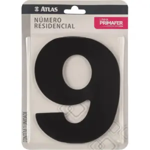 Número Residencial de Alumínio com Adesivo, 9 (nove), Cor Preto, Linha Primafer, Atlas.