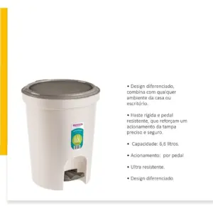 Sanremo - Lixeira Plástica com Pedal de 6,6 Litros, Cor Creme, Linha Casablanca - Imagem 3
